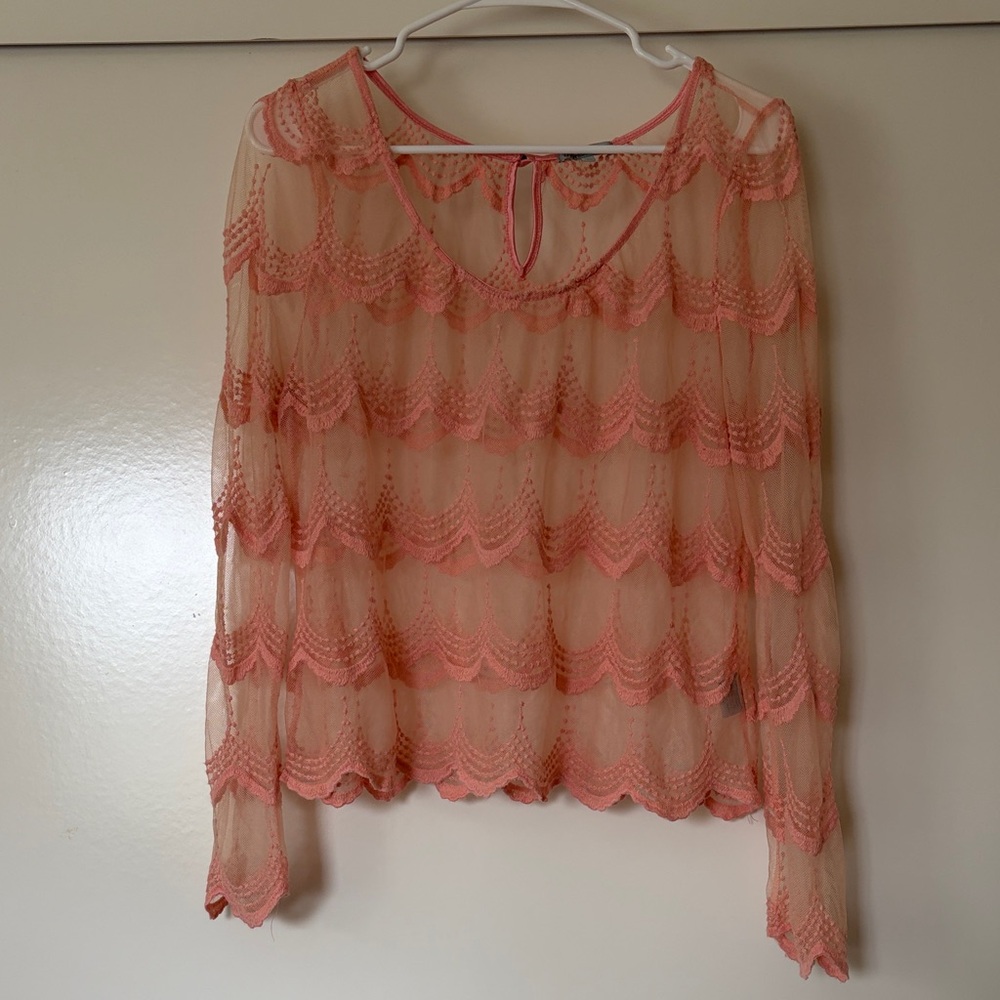 Charlotte Russe Sheer Coral Lace-Trim Long Sleeve Blouse